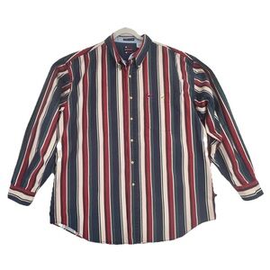 Vintage Bugle Boy Men's Long Sleeve Shirt Red Navy Green Stripe  Size XL
